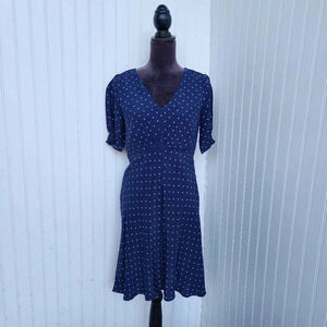 LOFT Dress Womens Blue White Polka Dot Shift V-Neck Short Sleeve Empire Waist 4